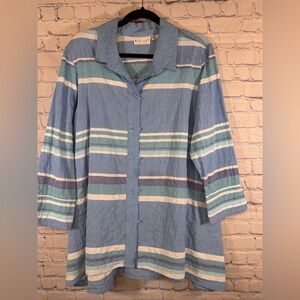 Habitat Blue White Lagenlook Cabincore Coastal Striped Chunky Button Blouse L